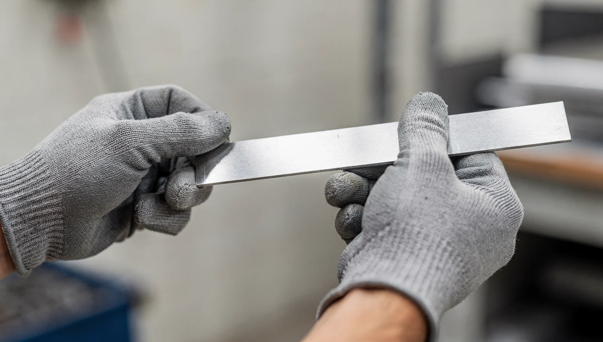 Hände in Schutzhandschuhen halten einen blanken Stahlstreifen