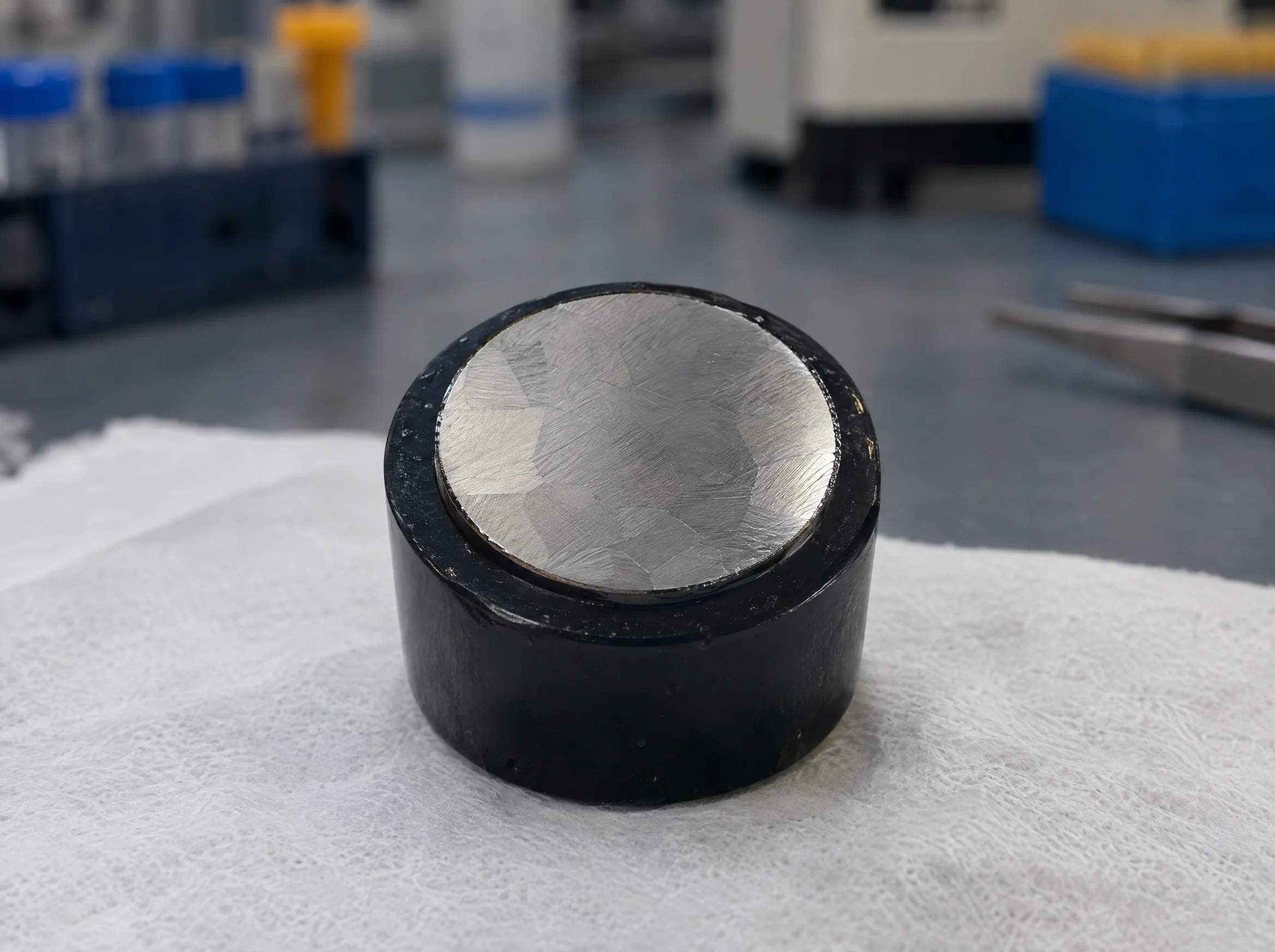 Polierte Stahlprobe im Harzpuck auf dem Labortisch
