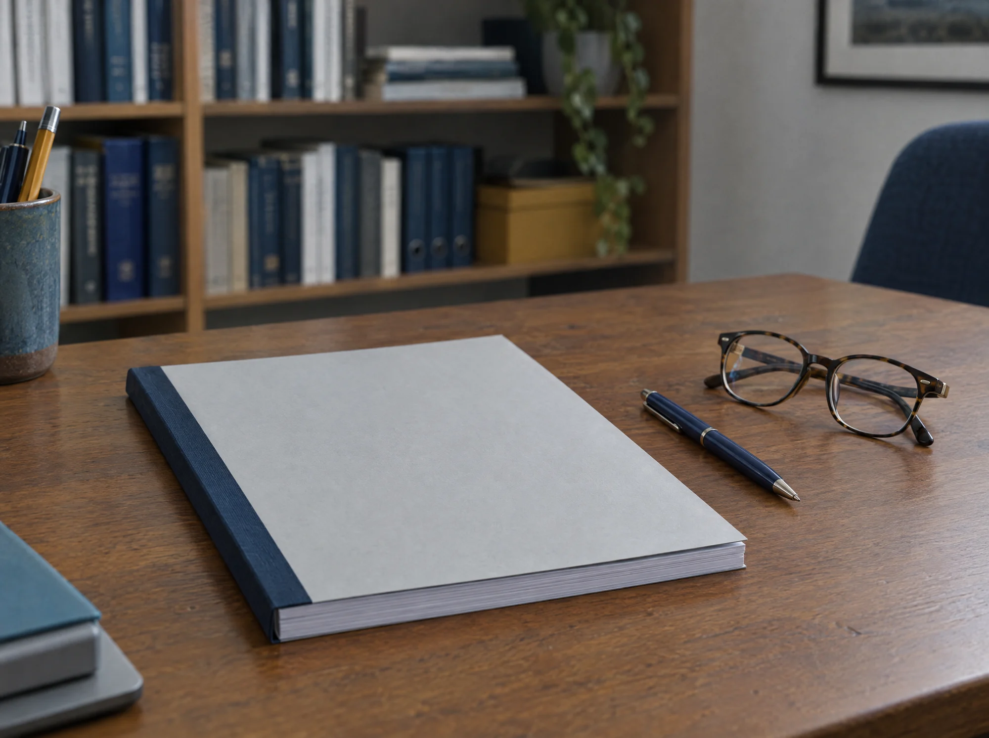Gebundene Unterlagen mit Stift und Brille auf einem Schreibtisch